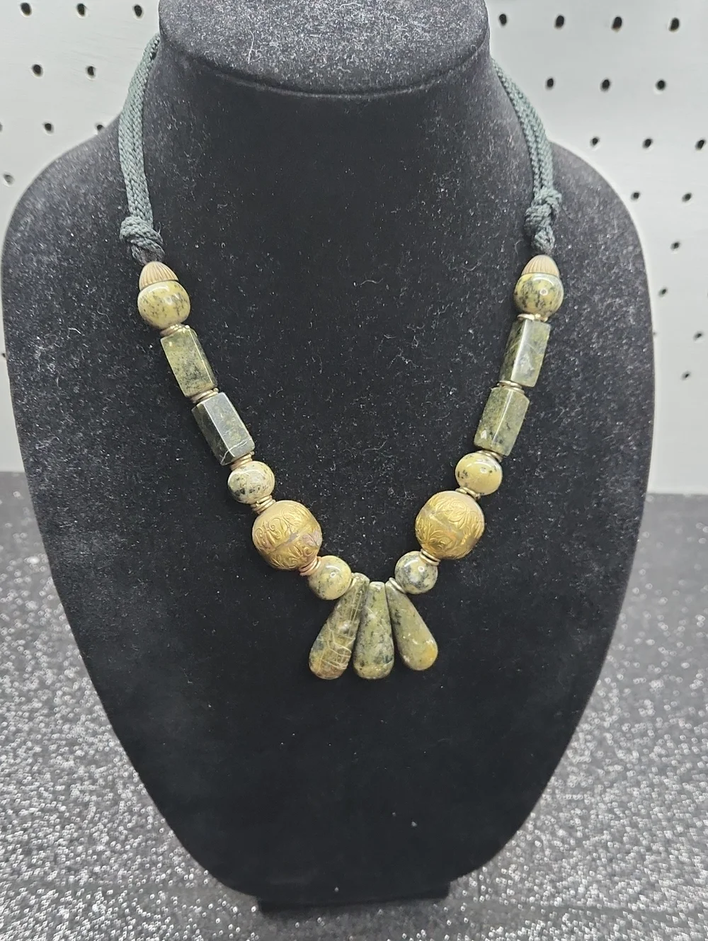 Handcrafted Green Stone and Gold-Tone Accent Necklace